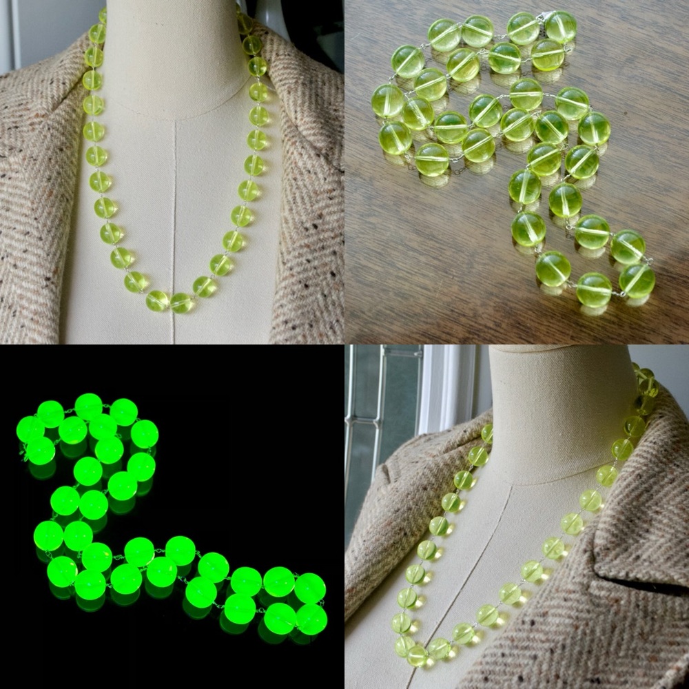 Solid Sterling Silver UV Reactive Uranium Glass Vaseline Yellow Chunky Necklace